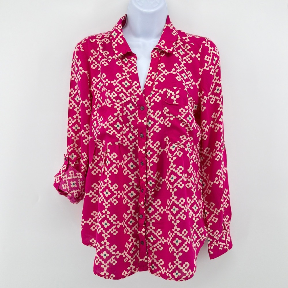 Maeve Anthropologie 6 Pink Geometric Tunic Blouse Roll Tab Button Down Shirt Top